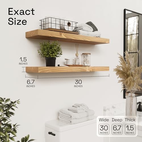 Natural Wood Floating Shelves for Wall 30 Inches Long, Oak Wooden Shelf - Image 3