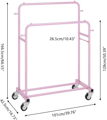 Laiensia Double Rods Garment Rack with Wheels, Clothing Rack for Hanging Clothes,4 Hooks, Multi-Functional Bedroom Clothes Rack, Pink - Image 3