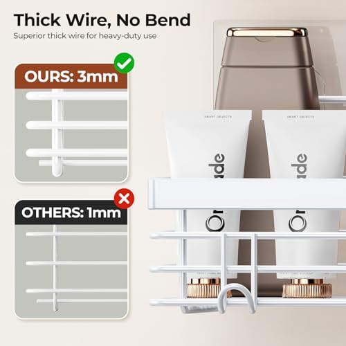 Orimade Adhesive Shower Caddy Soap Dish Holder Shelf with 5 Hooks Bathroom Organizer Basket Kitchen Storage Rack Wall Mounted No Drilling Stainless Steel - 3 Pack, White - Image 3