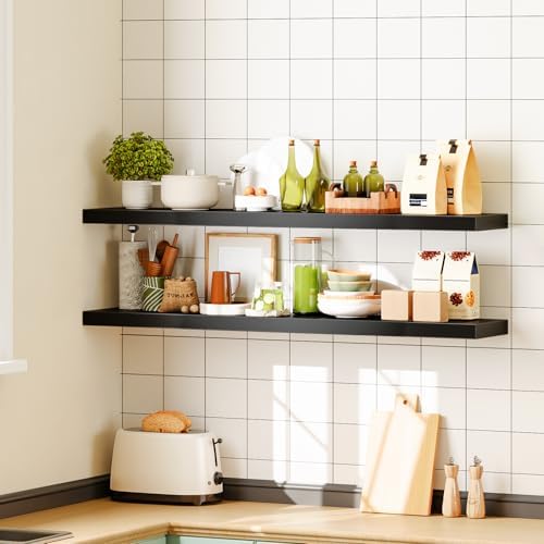 HOOBRO Floating Shelves for Wall, Wall Mounted Shelf Set of 2, 47.2" Hanging Shelf with Invisible Brackets, for Wall Decor Storage in Bathroom Bedroom Kitchen Living Room Office, Black BK120BJP201 - Image 4