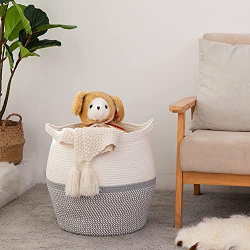 KAKAMAY Woven Baskets for Storage(17"x17"),Large Cotton Rope Woven Baby Laundry Hamper,Collapsible Laundry Basket, Blanket Basket for Organizing Living Room,Nursery,Pillows,Toy Chest(Grey) - Image 5