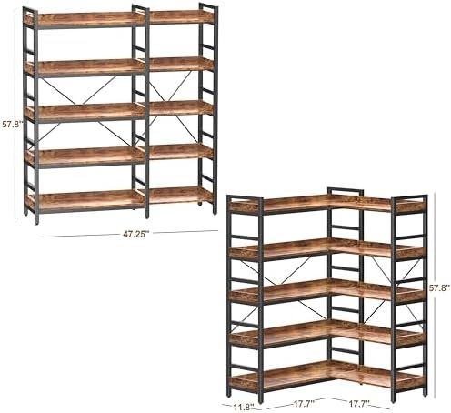 HCHQHS Adjustable Book Shelf with 8 Hooks, Reversible Corner Bookshelf, Industrial Wooden and Metal Bookcase for Living Room, Bedroom, Home Office (Rustic Brown, 5 Tier) - Image 3