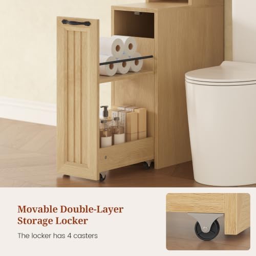 UPOSOJA Arched Over The Toilet Storage Cabinet with Pulley Small Bathroom Storage Cabinet, Bathroom Organizer, Adjustable Shelves, Toilet Paper Holder, 2 Hooks, Space Saver for Restroom, Laundry, Oak - Image 6