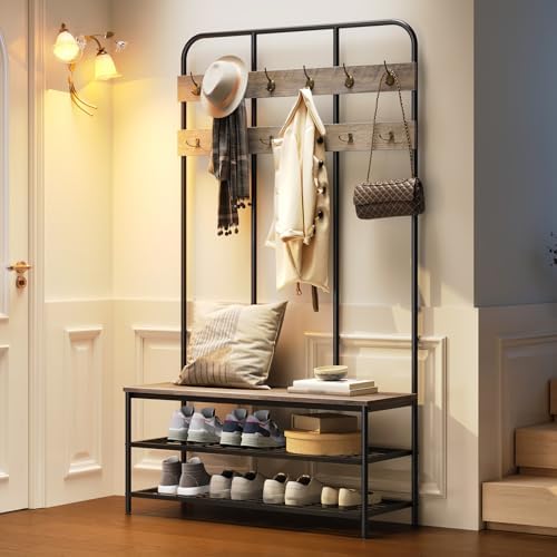 HOOBRO Hall Tree with Bench, Entryway Bench with Coat Rack, Mud Room Rack with 12 Double Hooks and Shoe Storage, Coat Tree, Shoe Organizer, for Foyer, Front Door, Greige and Black BG05MT01 - Image 5