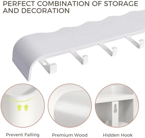 Coat Rack Wall Mount with Shelf Entryway Shelf Modern Key Holder Hanger Wall Shelves with Hidden Hooks for Hanging Towels Coats Hats Bags for Hallway Bathroom Bedroom (Wavy White, 4 Hooks) - Image 5