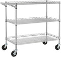 Finnhomy 3 Tier Heavy Duty Commercial Grade Utility Cart, Wire Rolling Cart with Pushing Handle Bar, Steel Metal Kitchen Service Trolly with Wheels, Shelf Size 18" D x 36" W, NSF, Chrome by Finnhomy