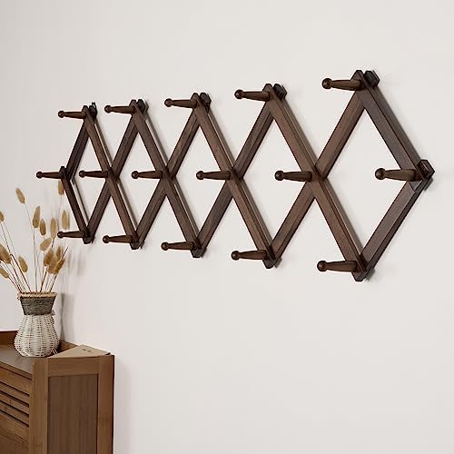 SKOLOO Accordion Wall Hanger with 16 Hooks, Modern Expandable Coat Rack Hat Rack for Wall, Solid Wooden, Walnut Color - Image 3