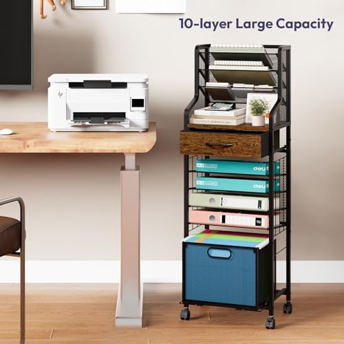 SWTYMIKI 10-Tier Rolling File Cart - Mesh Paper Organizer with Drawer & Hanging File Folders on Lockable Wheels, Rolling File Cabinet for Office Organization, Storage in Home, Studio, School, Espresso - Image 5