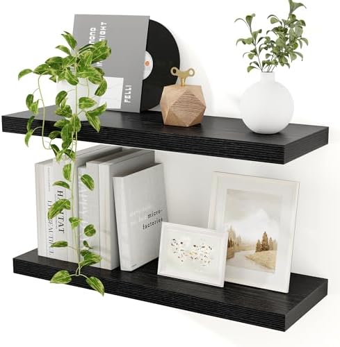 Floating Shelves for Wall, 24in Black Wooden Shelves Set of 2 by Feihorrm