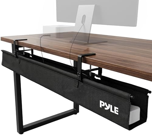 Pyle 36" Under Desk Cable Management Tray, Under Desk Wire Organizer with Clamp or Screw Mount, Desk Cable Organizer with Fabric Design for Large Workstations, Built-in Ties, 20 lb Capacity, Black by PyleUSA