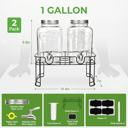 Accguan 1-Gallon Drink Dispenser,2 Pack Glass Drink Dispenser with Tin Lid - Image 2