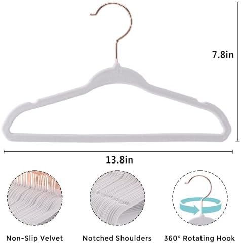 14 Inch Velvet Kids Hangers -50 Pack Durable & Non-Slip Closet Organizers for Big Kids & School-Age Children, 0.2" Ultra Slim Space-Saving Design with 10 Hanger Clips & 360° Rose Gold Hook, White - Image 2