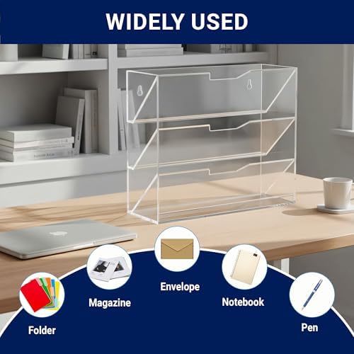 Hanging Wall File Organizer with 4 Pocket Tier - Acrylic Vertical Mail File Folder Holder Wall Mount Mail Magazine Rack with Bottom Tray for Office Home Countertop, Clear - Image 4