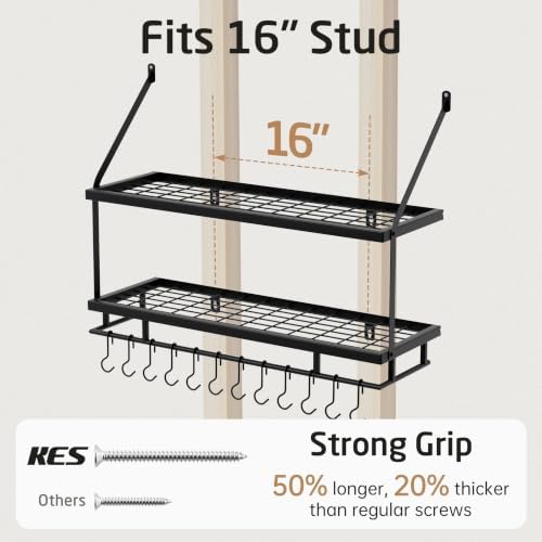 KES 30-Inch Kitchen Pot Rack - Mounted Hanging Rack for Kitchen Storage and Organization - Matte Black 2-Tier Wall Shelf with Guard Rail for Pots and Pans Organizer with 12 Hooks - KUR215S75B-BK - Image 5