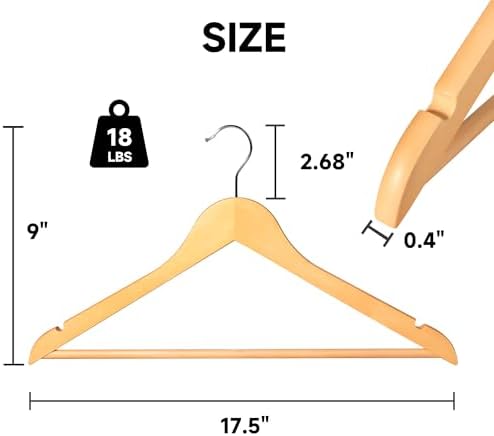 Wooden Clothes Hangers with Pants Bars, Natural Wood, 36-Pack - Image 2