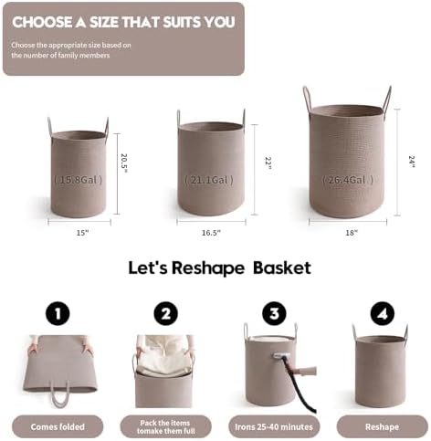 Laundry Basket Hamper Tall Rope Storage Woven for Blanket toys Dirty Clothes in Living Room Bathroom Bedroom (Tan, 60L/15.8Gal) - Image 3