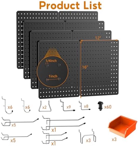 Peg Board, 114PCS Heavy Duty Metal Pegboard with Hooks, 8 Pack Black Peg Board Panels, 60lbs Load Capacity Each, Pegboard Wall Organizer for Garage, Workshop, Kitchen, Craft Rooms - Image 3