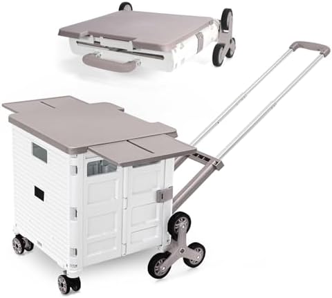 Foldable Utility Cart Portable Crate Rolling Dolly with Telescopic Handle,Can be Pulled diagonally, Magnetic Retractable Lid, 360°Swivel Climbing Wheels for Shopping Carrying Groceries Move White by FELICON
