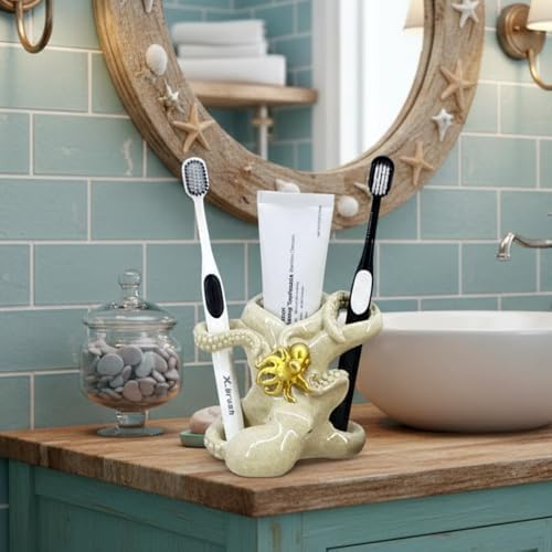 5 Inch Gold Octopus Toothbrush Holder, Ocean Bathroom Decor - Image 3