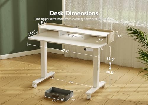 Claiks Standing Desk with Drawers & Wheels, 2 Height Shelf 48inch White - Image 3