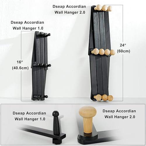 Dseap Expandable Coat Rack (Larger Version) - 24” High, Anti-Slip, Ultra Heavy Duty Wooden Accordian Wall Hanger with 10 Study Peg Hooks for Clothing Hats Jackets Bags, Black/Natural - Image 2