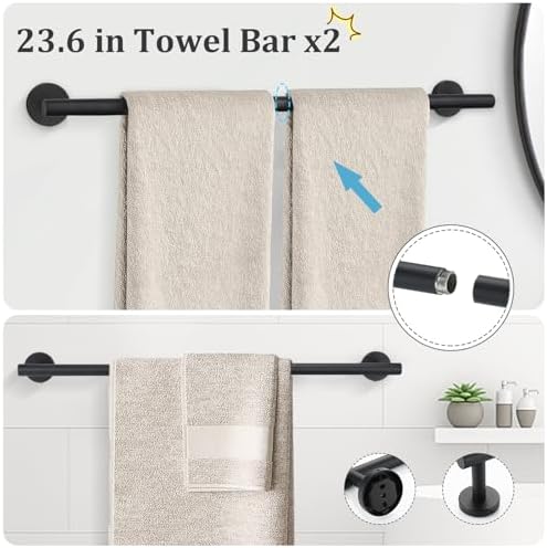 TURS Matte Black 10 Pieces Bathroom Hardware Set, SUS304 Stainless Steel 24 Inch Bath Towel Bar Set, Round Bathroom Accessories Kit Wall Mounted - Image 2