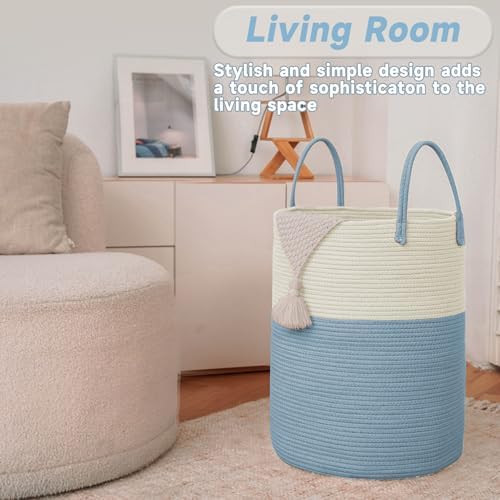 JMvicyroam 100L Cotton Rope Laundry Basket Hamper, White and Blue - Image 3