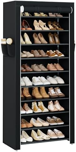 CASAMAYA Shoe Rack with Covers, 10 Tiers Tall Shoe Rack Organizer, Large Capacity Shoe Shelf Storage, Hold 30 Pairs of Shoes, Vertical Shoe Storage Organizer for Closet, Entryway, Black, SRT103B01 by Unknown