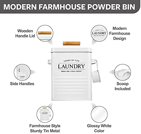 Calindiana Modern Farmhouse Metal Laundry Soap Dispenser with Scoop for Decor and Space Saving Organization, White - Image 2