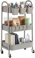 danpinera 3-Tier Rolling Cart, Metal Rolling Storage Cart with Lockable Wheels & Hanging Cups & Hooks, Mobile Trolley Cart for Kitchen, Bathroom, Office, Workshop, Gray by danpinera
