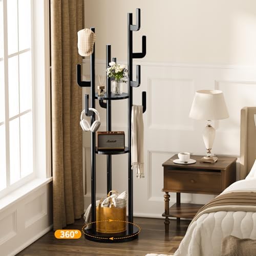 Yoobure Rotary Coat Rack Freestanding - Solid Wood Coat Tree with 9 hooks & 3 Storage Shelves for Purse, Bag, Jacket, Hat, Corner Hanger Stand Racks for Hall, Entryway, Office, Clothes Holder, Black - Image 2