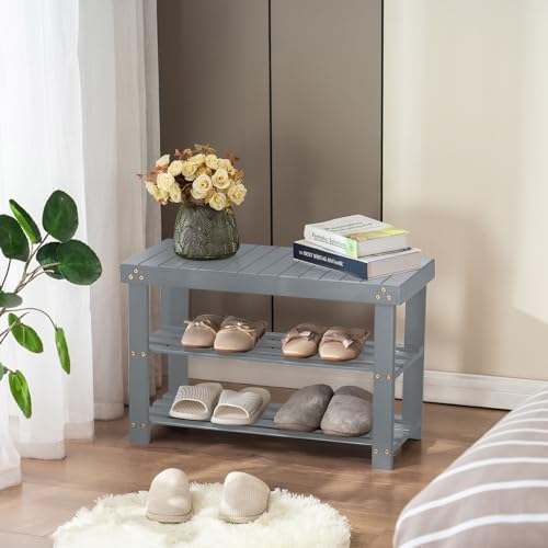 Apicizon Bamboo Shoe Rack Bench, 3-Tier Entryway Organizer, Gray - Image 5
