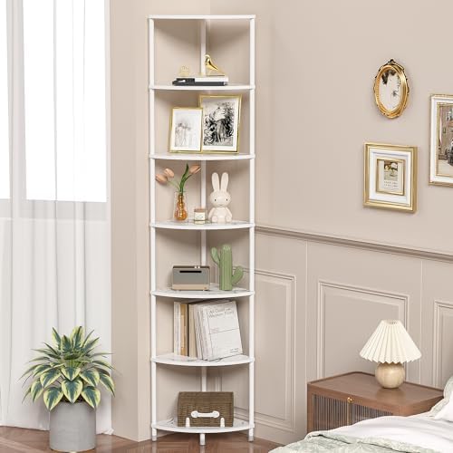 7 Tier Corner Shelf Stand, 64.7", Marble White - Image 3
