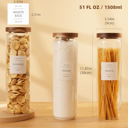 3 Pack Glass Canisters with Airtight Acacia Lids and 132 Kitchen Pantey Labels Preprint - 51 Fl Oz Borosilicate Glass Pantry Storage Jars Containers with Wooden Lids for Pasta,Spaghetti,Cereal,Noodles - Image 3