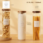 3 Pack Glass Canisters with Airtight Acacia Lids and 132 Kitchen Pantey Labels Preprint - 51 Fl Oz Borosilicate Glass Pantry Storage Jars Containers with Wooden Lids for Pasta,Spaghetti,Cereal,Noodles - Image 3