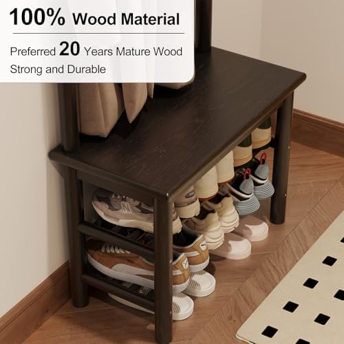 AQIMUELE Coat Rack with Shoe Storage, Narrow Wooden Hall Tree with Bench, 11 Hooks and 2-Tier Storage Shelves, 3-in-1, Entryway Bench with Coat Rack (23.6"-Black) - Image 4