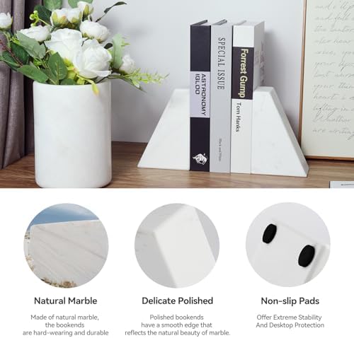 Karibiber Marble Bookends for Heavy Books, Decorative Book Ends for Shelves, White Stone Durable and Heavy-Duty Book Ends for Hardback Books & CDS, Unique Book Stopper & Holder, Set of 2 - Image 3