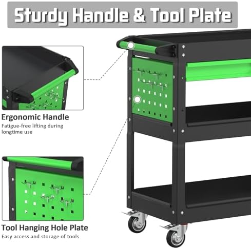 3 Tray Rolling Tool Cart with Drawers, 400 LBS Capacity Mechanic Tool Cart on Wheels, Heavy Duty Utility Cart with Pegboard, Metal Work Cart for Garage and Repair Shop, Blackgreen - Image 5