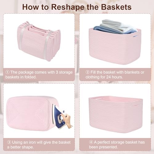 Baskets for Organizing,Storage Baskets,3 Pack Baskets for Shelfves,15"×10"×9" Woven Pink Basket,toy storage bins,bins for organization - Image 6