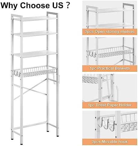 Kalrin Over-The-Toilet Storage Rack, 4-Tier Bathroom Organizer Shelf Over Toilet with Adjustable Shelf and Basket, Freestanding Space Saver Bathroom Shelves Above Toilet for Room (Pure White) - Image 6