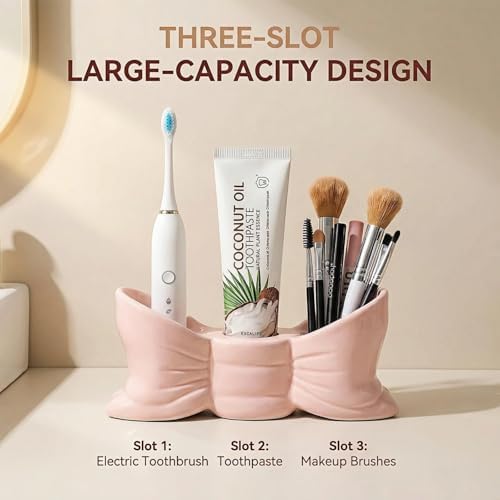 Bow Ceramic Toothbrush Holder, 3-Slot Cute Bathroom Toothbrush Organizer - Image 4