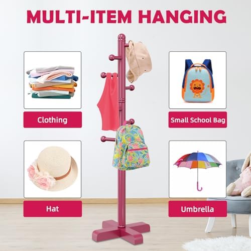 8-Hook Freestanding Wooden Coat Rack 2 Adjustable Heights Rose - Image 6