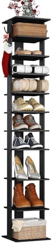 HOMEFORT 10-Tier Vertical Shoe Rack, Corner Shoe Tower, Slim Shoe Organizer with Two Hanging Hooks, Wooden Shoe Storage Stand for Entryway, Hallway, Closet (Black) by HOMEFORT