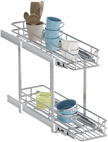2-Tier Pull Out Cabinet Organizer, 7.5" W x 21.5" D, Heavy Duty Dual Slide Out Shelves for Narrow Base Cabinets, Chrome Wire Basket Drawer for Spices, Bottles & Snacks by Unknown