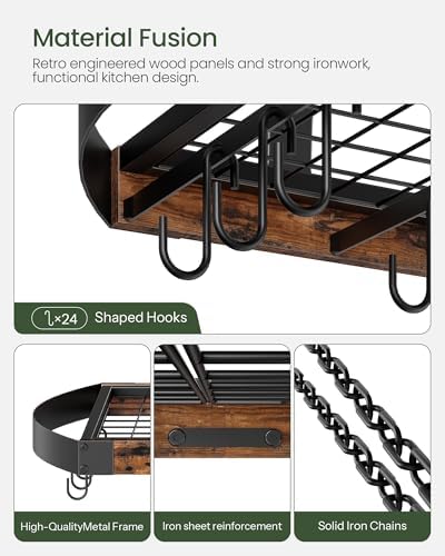 CHOEZON Hanging Pot Rack, Pot Hanger for Kitchen, Ceiling Mounted Pot Holder, Cookware Organizer with 24 S-Shaped Hooks, for Pot, Pan Storage, Space-Saving, Rustic Brown and Black TPR28BF - Image 4