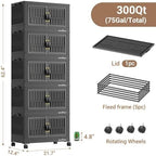 BROVIEW 300Qt Stackable Storage Bins with Lid, Extra Large Closet Organizer Collapsible Drawer Boxes with Wheels, Folding Plastic Cabinet Containers for Home Kitchen Room Organization, 5Pack Black - Image 2