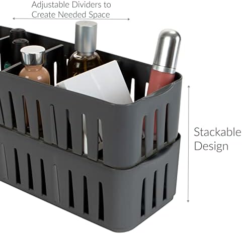 Simplify 2 Pack 4 Compartment Stackable Bin with Adjustable Dividers | Drawer Organizer | Storage Basket | Good for Office | Desk Supplies | Dorm |Bathroom | Accessories | Make Up | Grey - Image 4