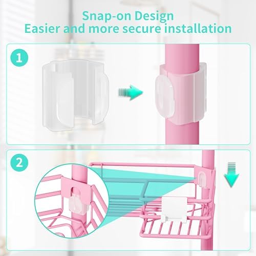 HapiRm Corner Shower Caddy Organizer - Shower Organizer Corner with Soap Holder, Toothbrush Holder and 4 Hooks, Rustproof Bathroom Shelf Tension Pole Available for 27.6 to 108.3 Inch - Pink - Image 3