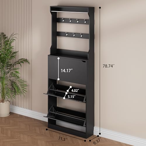 Black Hidden Shoe Cabinet with 3 Flip Drawers & Coat Rack, Entryway - Image 2