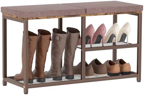 Shoe Rack Bench for Entryway 3-Tier, Free Standing Shoe Racks with Seat Cushion, Narrow Shoe Storage Shelf with Boot Organizer, Shoe Rack for Small Spacesh with Wood Bench (Brown+Brown) by Katrawu